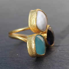 Egypt. 24k Gold Dipped Triple Gemstone Floating Ring