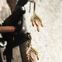 Siam Earrings - 24k Gold and Oxidized Sterling Silver Pink Rose Quartz Earrings