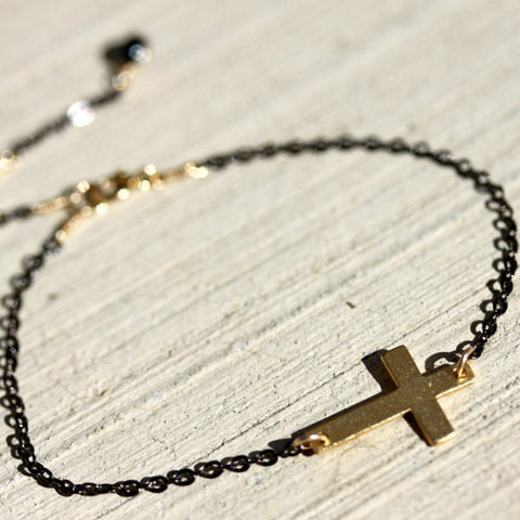 Agape Bracelet - 18k Horizontal Gold Cross Charm & Fresh Water Pearl Bracelet