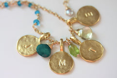 Say My Name Necklace - Personalized 18k Gold Initial 4 Charm & Birthstone Necklace.