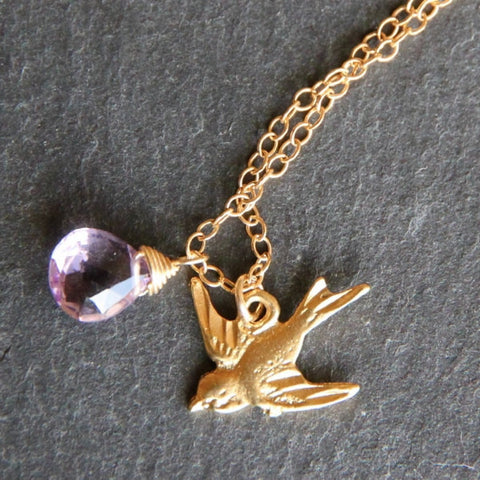 Amalfi Briolette Necklace - 18k Gold Bird Charm and Gemstone Necklace.
