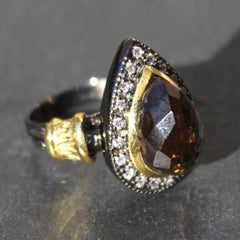 Rococo Ring - 24k Gold and Oxidized Sterling Silver Smokey Quartz Ring