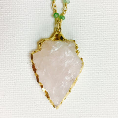 Arrowhead Necklace - 24k Gold Dipped Rose Quartz Arrowhead with Green Peridot Chain