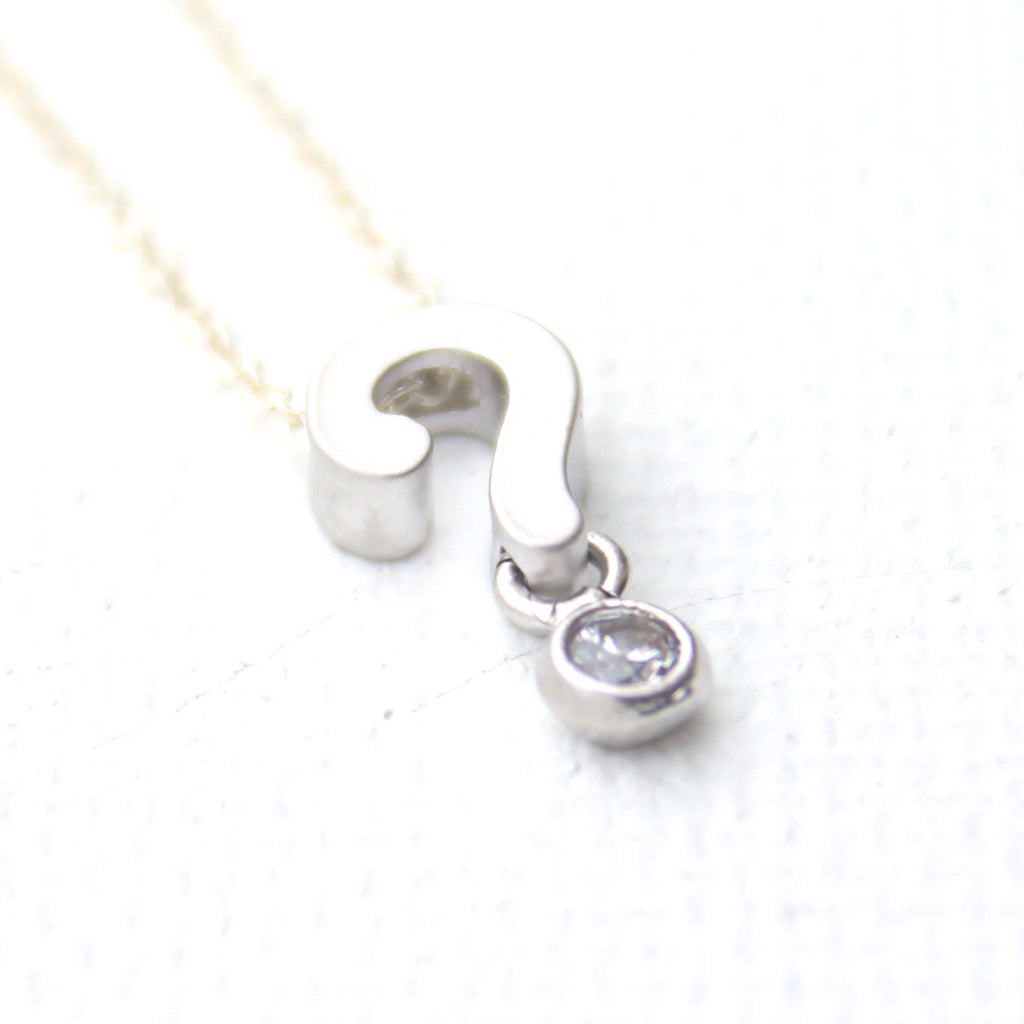 14K Textured White Gold Diamond Question Mark Necklace