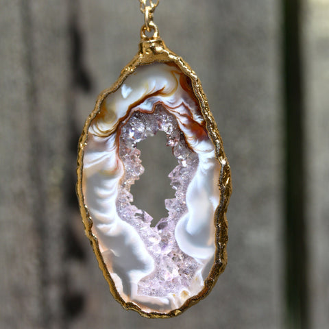 Positano Necklace - 24k Gold Dipped Agate Druzy Crystal Slice with Aquamarine Necklace