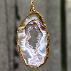 Positano Necklace - 24k Gold Dipped Agate Druzy Crystal Slice with Aquamarine Necklace