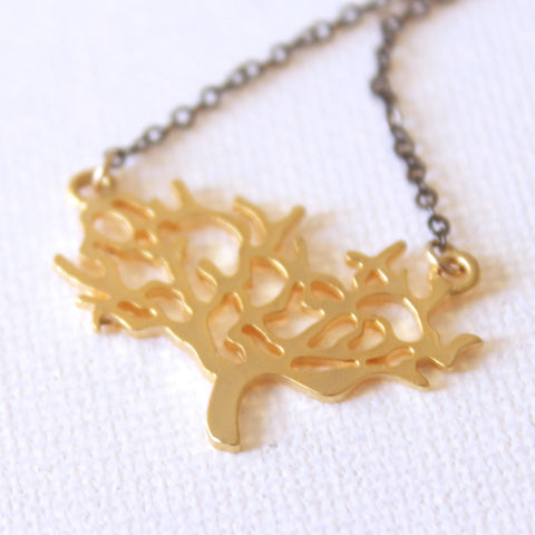 The Giving Tree Necklace - 18k Gold Pendant Charm and Gunmetal Chain Necklace