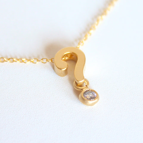 3D Question Mark Necklace - 18k Gold and Crystal Question Mark Charm Necklace