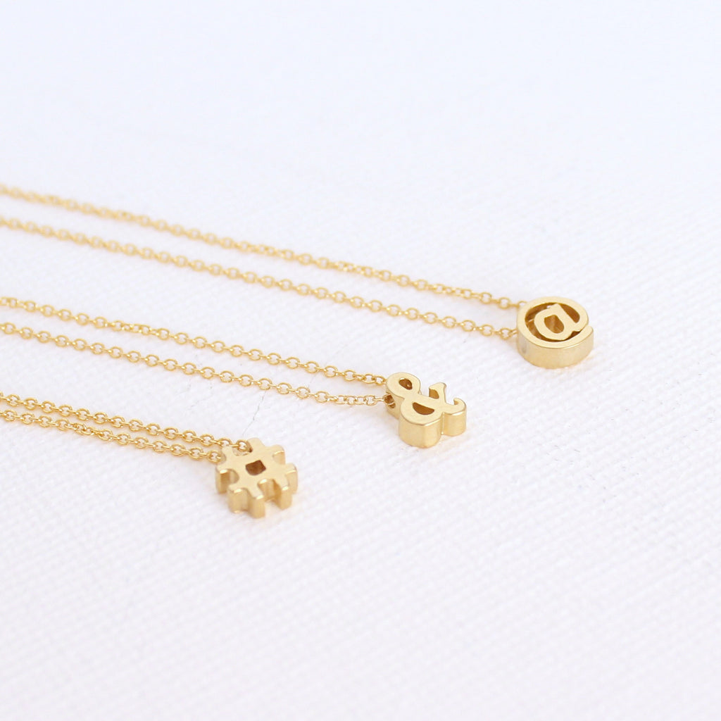 3D Punctuation Necklace - 18k Gold Hashtag, Ampersand, At Sign Charm Necklace
