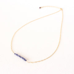 Bar Necklace - Blue Iolite Gemstones and 18k Gold Necklace with Japanese Freshwater Keshi Pearl