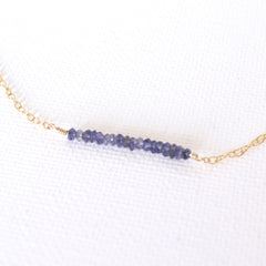 Bar Necklace - Blue Iolite Gemstones and 18k Gold Necklace with Japanese Freshwater Keshi Pearl
