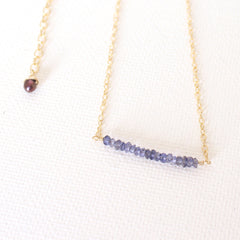 Bar Necklace - Blue Iolite Gemstones and 18k Gold Necklace with Japanese Freshwater Keshi Pearl