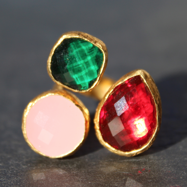 Egypt Ring - 24k Gold Dipped Triple Gemstone Floating Ring