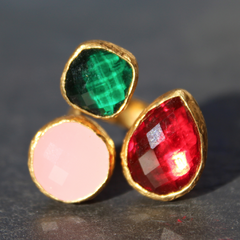 Egypt Ring - 24k Gold Dipped Triple Gemstone Floating Ring