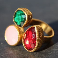 Egypt Ring - 24k Gold Dipped Triple Gemstone Floating Ring