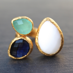 Egypt Ring - 24k Gold Dipped Triple Gemstone Floating Ring