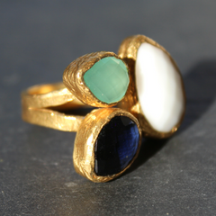 Egypt Ring - 24k Gold Dipped Triple Gemstone Floating Ring