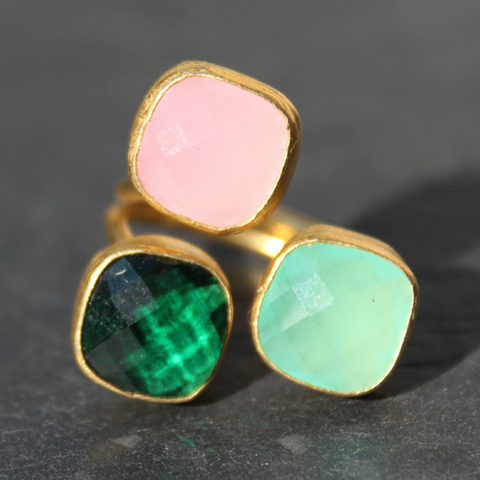Egypt Ring - 24k Gold Dipped Triple Gemstone Floating Ring