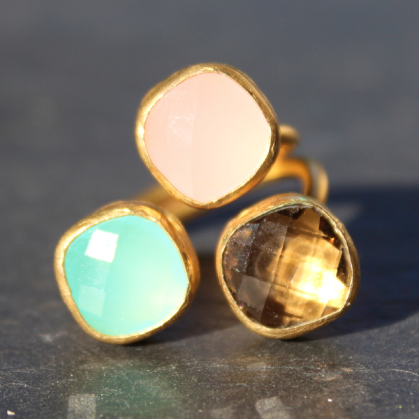 Egypt Ring - 24k Gold Dipped Triple Gemstone Floating Ring