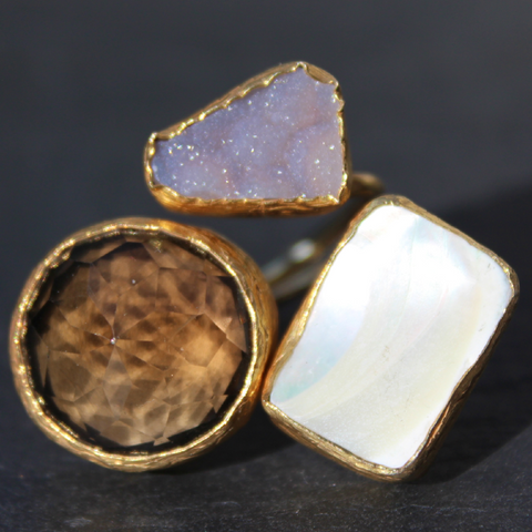 Egypt Ring - 24k Gold Dipped Triple Gemstone Floating Ring
