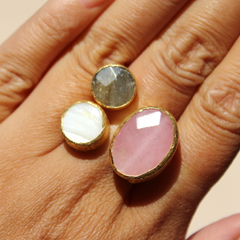 Egypt Ring - 24k Gold Dipped Triple Gemstone Floating Ring