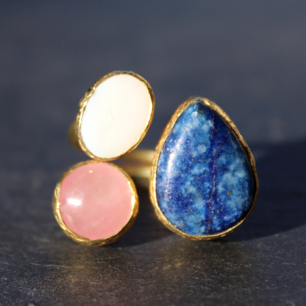 Egypt Ring - 24k Gold Dipped Triple Gemstone Floating Ring
