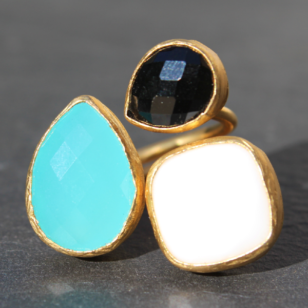 Egypt Ring - 24k Gold Dipped Triple Gemstone Floating Ring