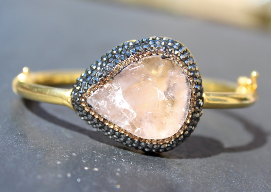 Mood Cuff - 24k Gold Pink Rose Quartz & Swarovski Crystal Cuff