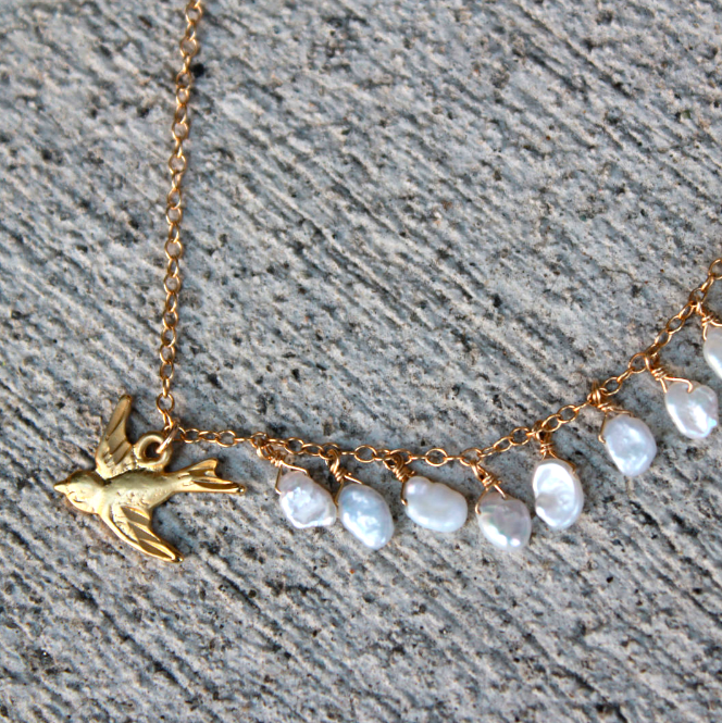 Amalfi Necklace - 18k Gold Bird Charm and Pearl Necklace.