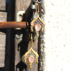 Siam Earrings - 24k Gold and Oxidized Sterling Silver Pink Rose Quartz Earrings