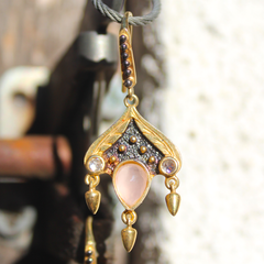 Siam Earrings - 24k Gold and Oxidized Sterling Silver Pink Rose Quartz Earrings