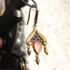 Siam Earrings - 24k Gold and Oxidized Sterling Silver Pink Rose Quartz Earrings