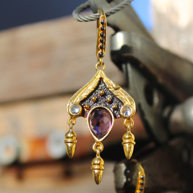 Siam Earrings - 24k Gold and Oxidized Sterling Silver Purple Amethyst Earrings