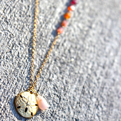 Capri Necklace - 18k Gold Sand Dollar, Rose Quartz &  Multicolored Tourmaline Cube Necklace.