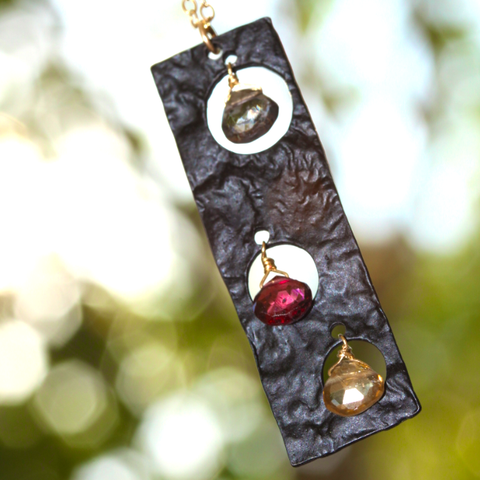 Showstopper Necklace - Black Onyx Organic Pendant, Red, Yellow & Charcoal Garnet Gemstone & 18k Gold Necklace.