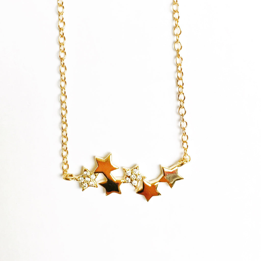 String of Stars Necklace - 18k Gold and Crystal Horizontal Star Pendant Charm Necklace