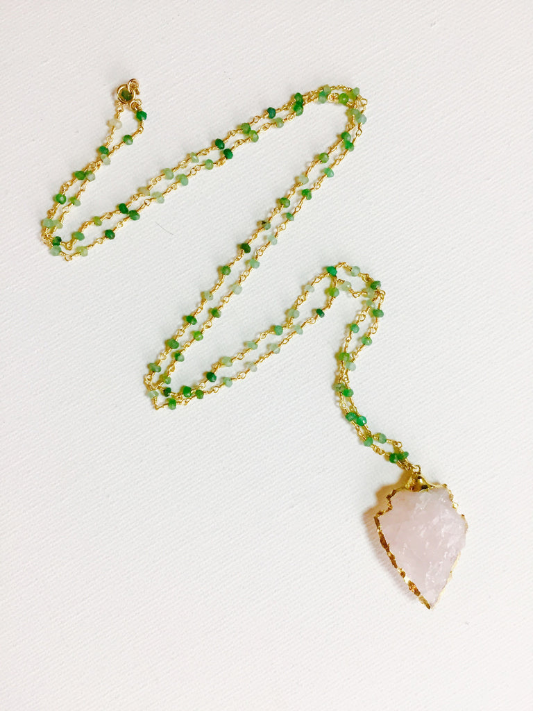 Arrowhead Necklace - 24k Gold Dipped Rose Quartz Arrowhead with Green Peridot Chain