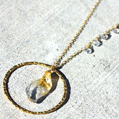 Vinezia Necklace - 18k Gold Hammered Hoop and Citrine Gemstone Necklace.