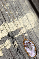 Positano Necklace - 24k Gold Dipped Agate Druzy Crystal Slice with Aquamarine Necklace