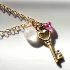 Love Unlocked Necklace - 18k Gold Key Charm & Pink Topaz and Rose Quartz Gemstone Necklace