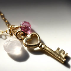 Love Unlocked Necklace - 18k Gold Key Charm & Pink Topaz and Rose Quartz Gemstone Necklace