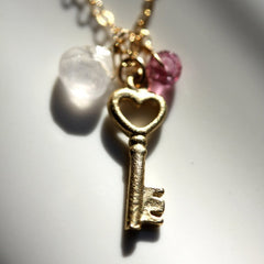 Love Unlocked Necklace - 18k Gold Key Charm & Pink Topaz and Rose Quartz Gemstone Necklace