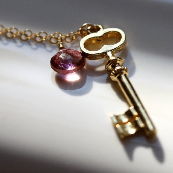 Infinity Key Necklace - 18k Gold Key Charm & Pink Quartz Necklace