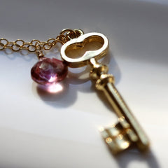 Infinity Key Necklace - 18k Gold Key Charm & Pink Quartz Necklace