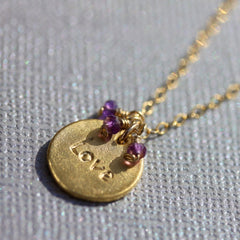 Love Stamp Necklace - 18k Gold Charm, Pink Topaz & Purple Amethyst Necklace.