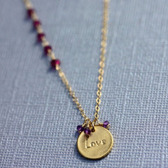 Love Stamp Necklace - 18k Gold Charm, Pink Topaz & Purple Amethyst Necklace.