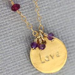 Love Stamp Necklace - 18k Gold Charm, Pink Topaz & Purple Amethyst Necklace.