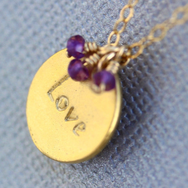 Love Stamp Necklace - 18k Gold Charm, Pink Topaz & Purple Amethyst Necklace.