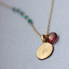 Asymmetrical Say My Name Necklace - Personalized 18k Gold Initial Charm & Birthstone Necklace.