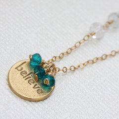 Believe Stamp Necklace - 18k Gold Charm, Aquamarine & Blue Topaz Necklace.